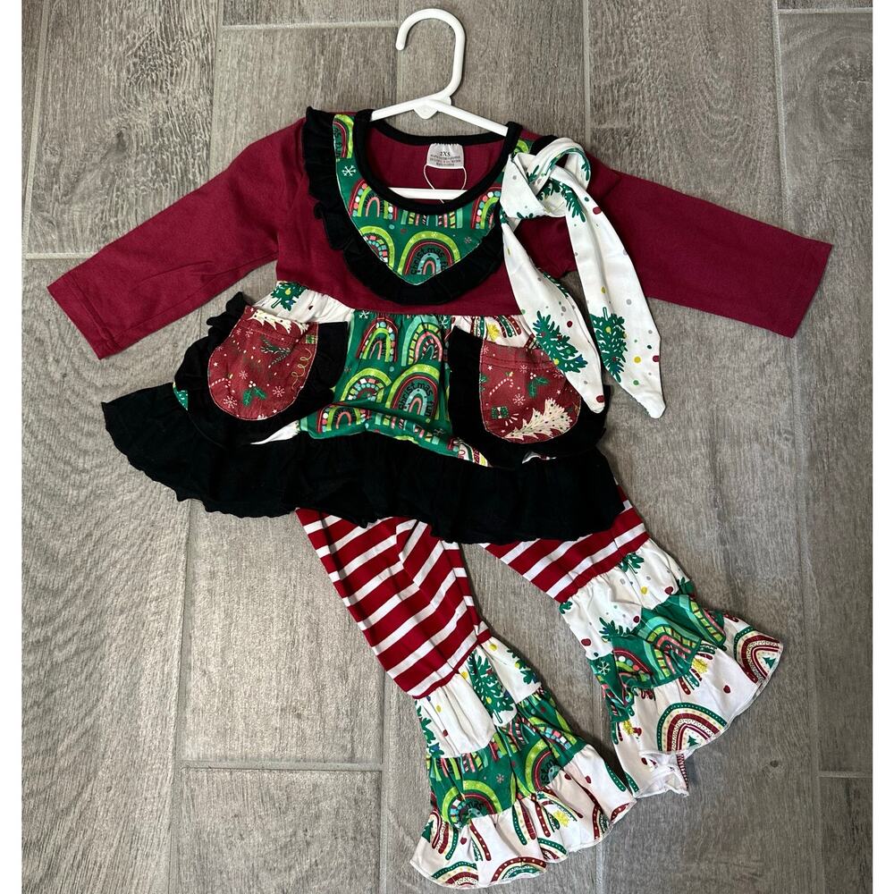 NWT Boutique Girls XXS/6-9M Patchwork Outfit Top Pants and Headband Christmas